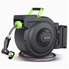 MYTOL front view of retractable hose reel showing compact design and tidy storage benefit