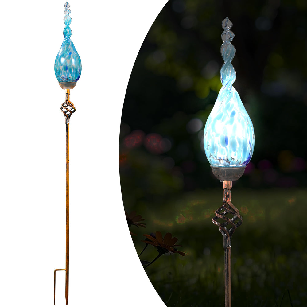 Naboher front view of blue flame glass stake showing decorative glow and curb appeal