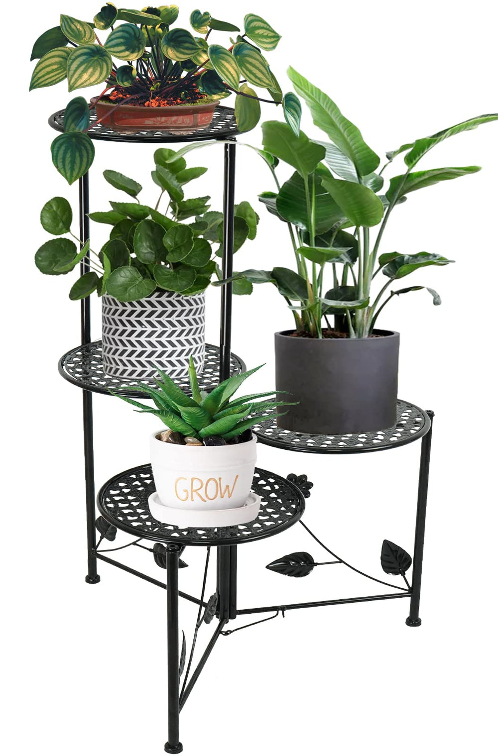 NAKUPE front view corner plant stand showing layered display and space-saving benefit