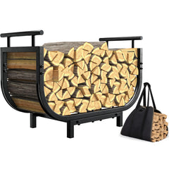 nalone front view of metal firewood rack showing tidy stacked logs and neat storage benefit