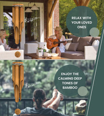 Nalulu wind chime hanging in garden lifestyle scene providing tranquil outdoor ambiance benefit