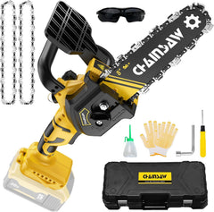 NAOKEV mini chainsaw front view showing bar and compact body benefit quick pruning