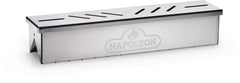 Napoleon smoker box front view showing durable stainless steel and easy placement benefit