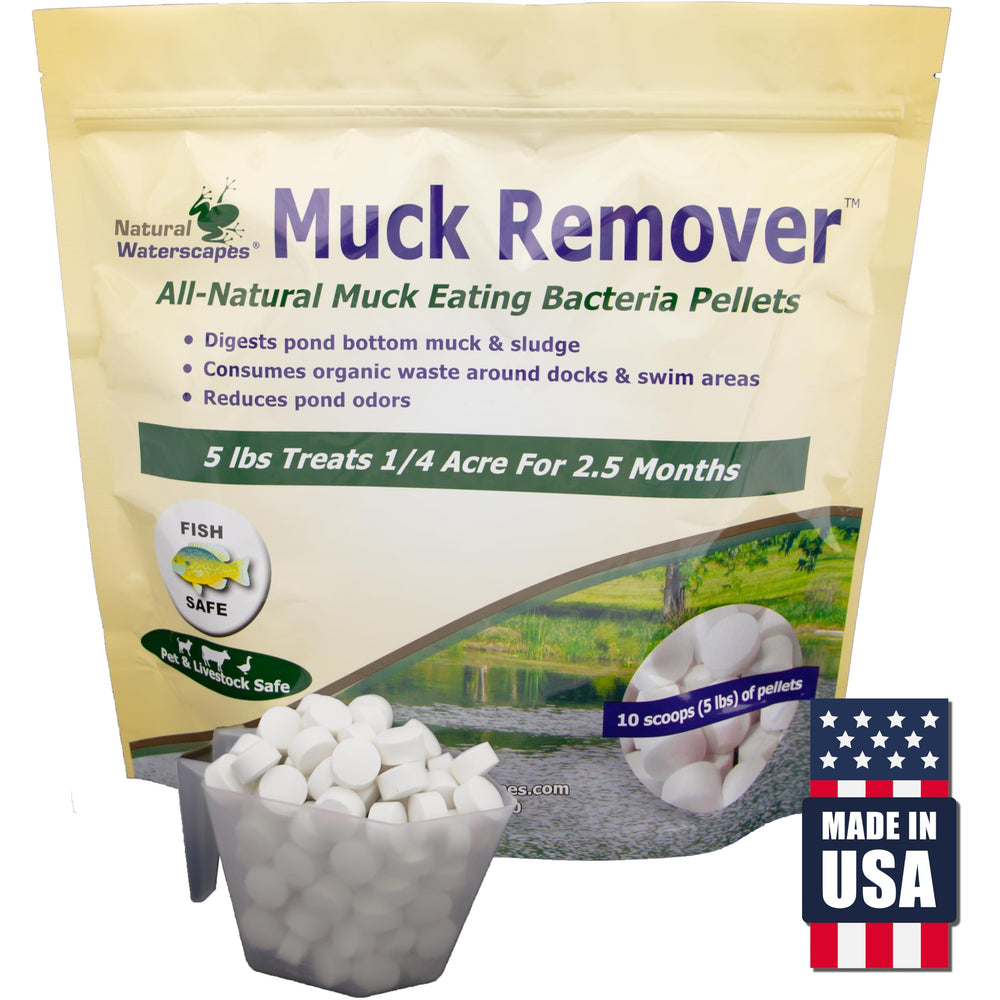 Natural Waterscapes front packaging showing 5 lb muck pellets and clear labeling benefit