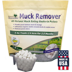 Natural Waterscapes front packaging showing 5 lb muck pellets and clear labeling benefit