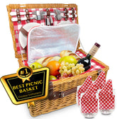 Nature Gear front view of wicker picnic basket showing full set and red white pattern, attractive display