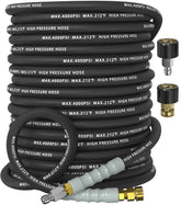 NAVOHEVEN coiled 100ft hose showing compact storage and long reach