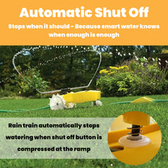 Nelson Rain Train traveling along a hose in a yard demonstrating hands-free watering