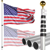 NELXINJO full 20ft telescopic flag pole extended, shows durable silver finish and included flag