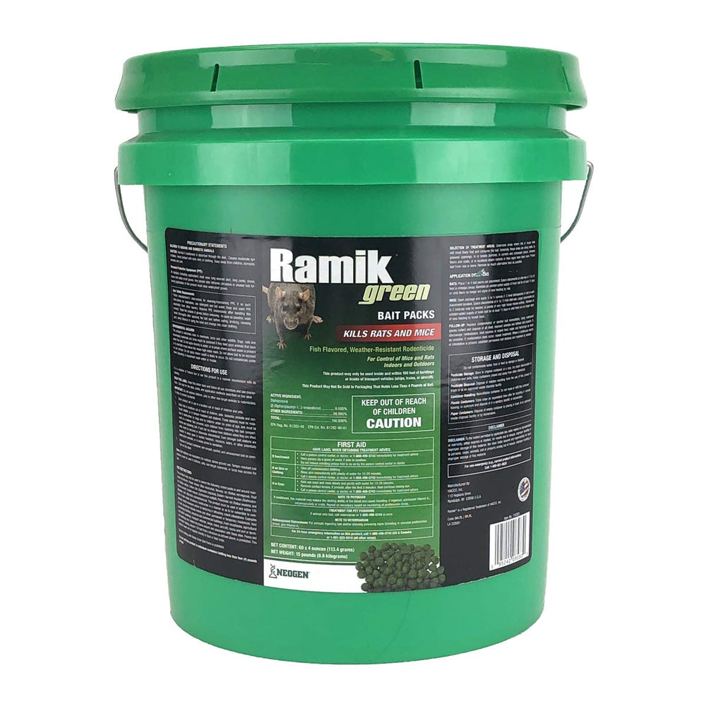 Neogen Ramik Green pail front view showing 60-pack and label benefits