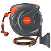 NEOTEC front view of wall-mounted retractable hose reel showing neat storage benefit