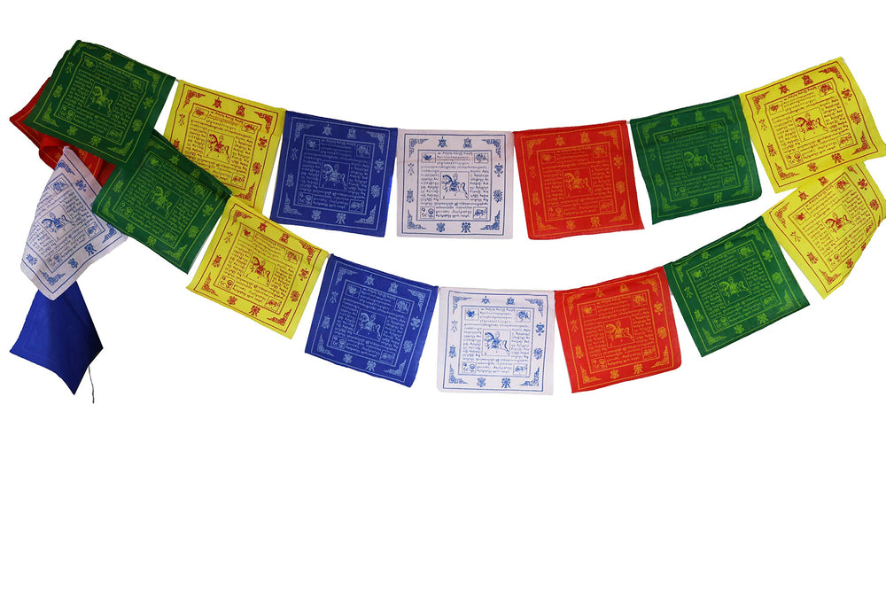 Nervana front view of 25 lungta flags strung ready to hang, adds cultural décor