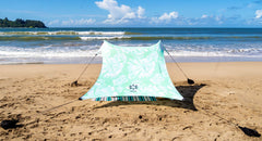 Neso front view of mint tie dye tent showing full shaded footprint and ease