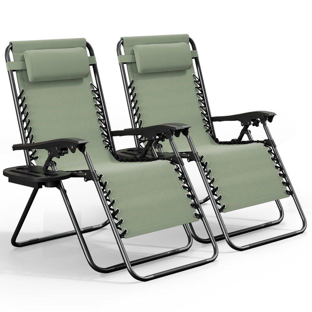 Nestl front view of two sage green zero gravity chairs showing seating comfort