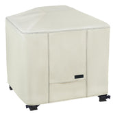 NettyPro front view of beige cover protecting square fire pit, shows full coverage benefit