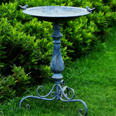 Newtay birdbath front view showing blue vintage pedestal and full base benefit durable focal point