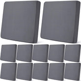 Newwiee front view of 12-piece dark gray cushion covers showing neat stack and packaging benefit: coordinated protection