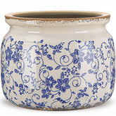 Ninehaoou front view blue white pot showing floral design and decorative appeal