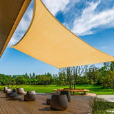 NINXANG front view of sand yellow rectangular shade sail showing coverage and brightening benefit