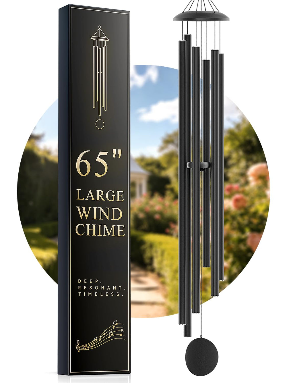Njeury front view of 65 inch black wind chime showing elegant silhouette and calming presence