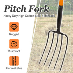 Nohovu pitchfork head close-up highlighting carbon steel tines and rust-resistant coating benefit