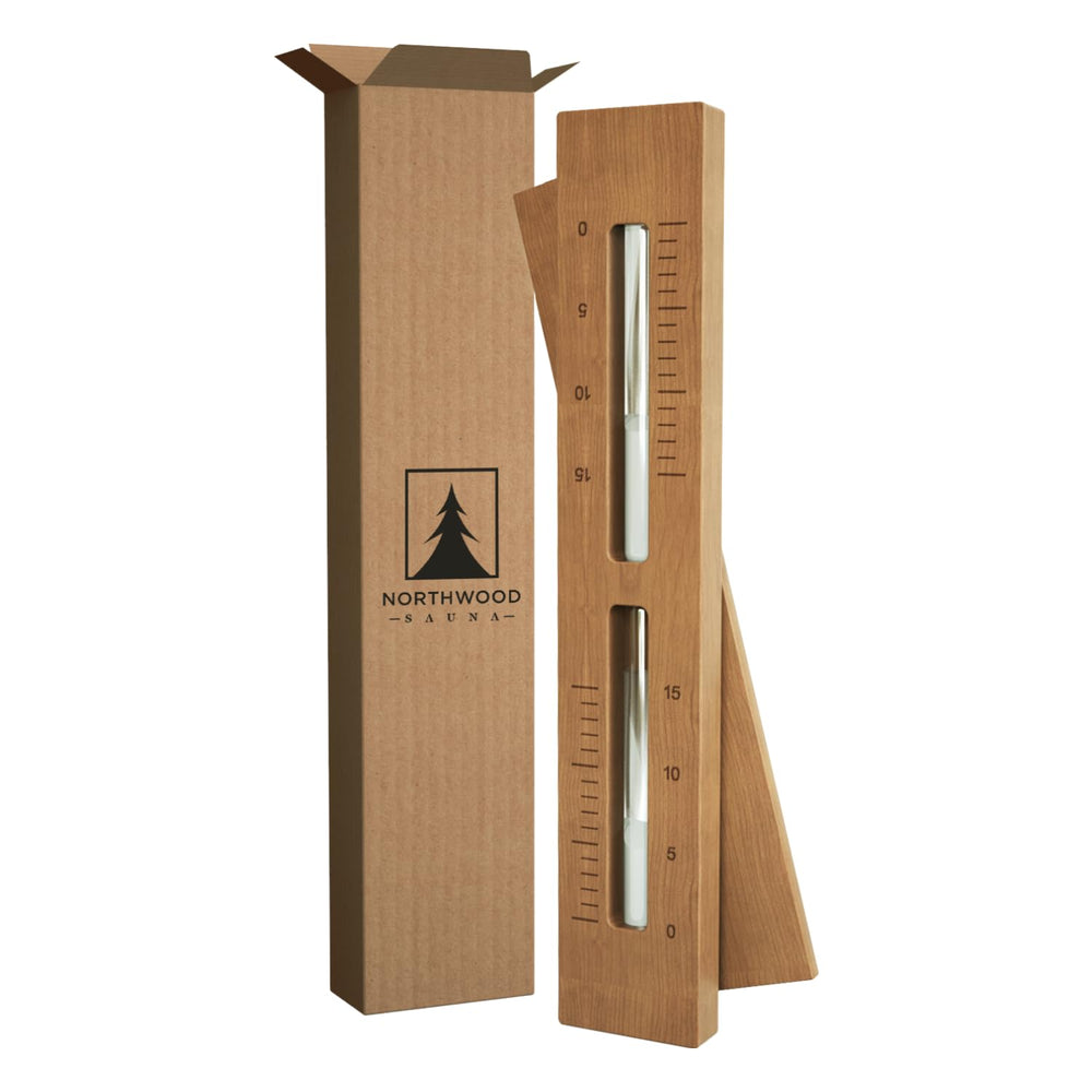 Northwood Sauna front view of wall-mounted hourglass shows elegant cedar and clear timing benefit