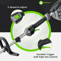 NovorikX cordless trimmer cutting tall grass in a backyard for efficient work
