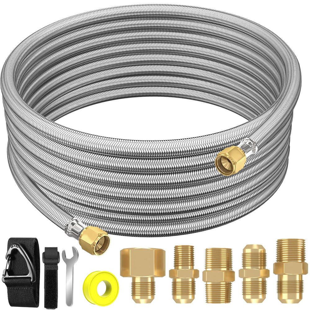 NQN front packaging showing 18ft propane hose kit and included parts, reliable connection