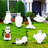Nuanchu front view of seven yard signs showing playful ghost cats and pumpkins benefits curbside charm