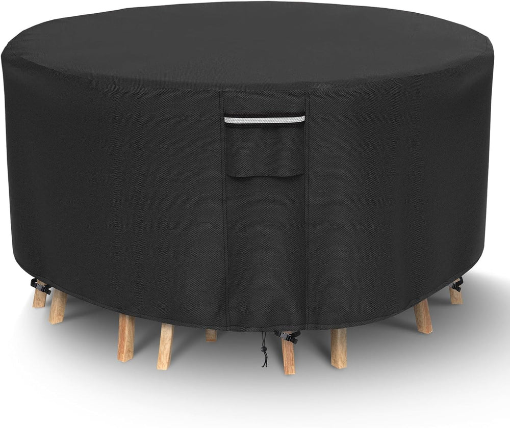 NYFITY front view of round cover protecting table, showing full coverage and weatherproofing benefit
