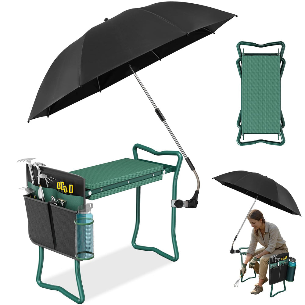OAOA innovation front view showing stool with umbrella and organized storage benefit
