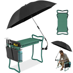 OAOA innovation front view showing stool with umbrella and organized storage benefit