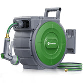 OARKIEV front view of wall-mounted reel showing compact storage and tidy hose