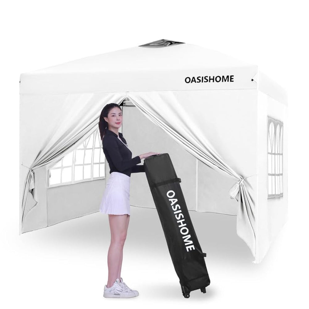 OASISHOME front view of 10x10 gazebo showing full coverage and easy access