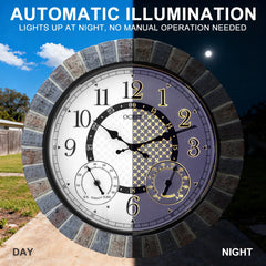 OCEST illuminated clock face at dusk providing soft night light for patio safety