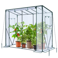 Ohuhu front view of lean-to greenhouse showing compact, protective shelter