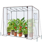 Ohuhu front view of lean-to greenhouse showing protected plants and sunlight benefit