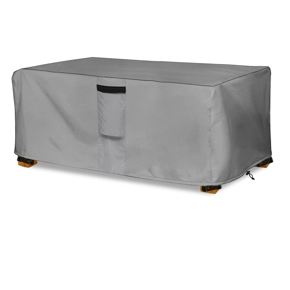 okcool front view of grey rectangular cover protecting table, prevents weather damage