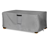 okcool front view of grey rectangular cover protecting table, prevents weather damage