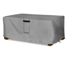 okcool front view of grey rectangular cover protecting table, prevents weather damage