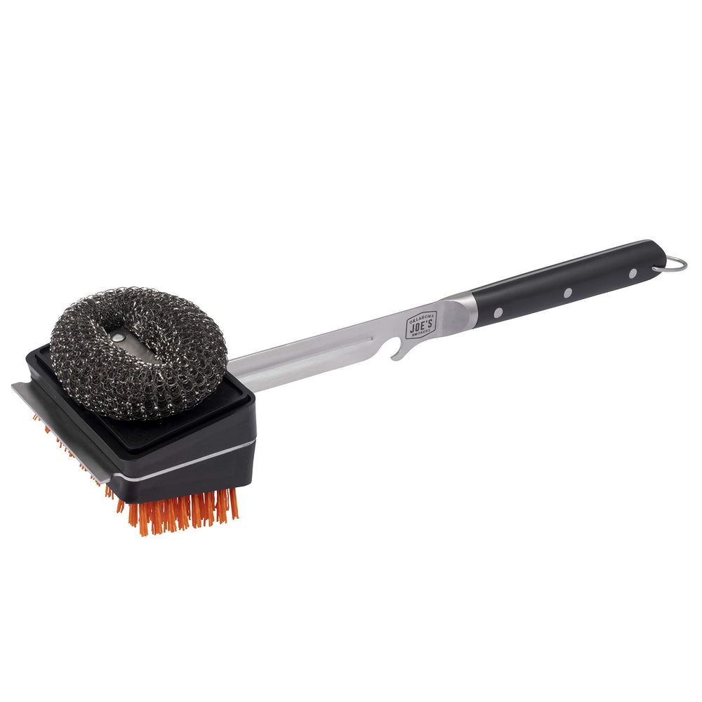 Oklahoma Joe's front view showing dual-head brush and sturdy handle for reliable cleaning