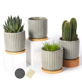 OMAYKEY front view of stripe grey-green pots showcasing modern style and space-saving benefit