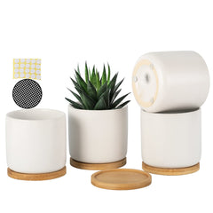OMAYKEY front view of white ceramic pot with saucer shows clean modern look and surface protection