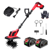 ONEVAN front view showing batteries and cultivator ready to use, fast setup benefit