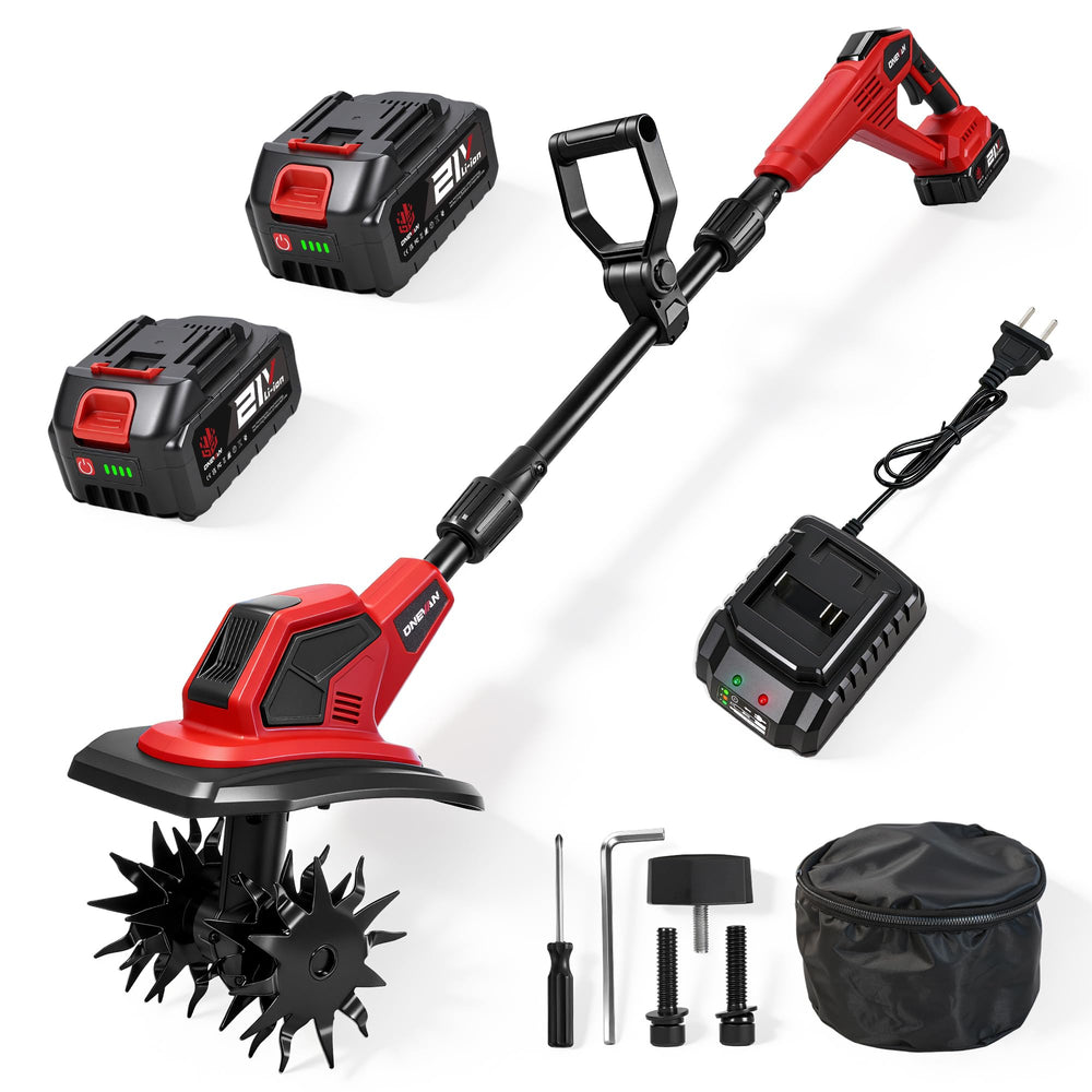 ONEVAN tiller front view showing compact design and portability for convenience