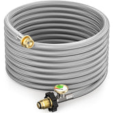 onlyfire front view of 15ft stainless braided propane adapter hose showing connectors and gauge for safer connections