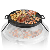 Onlyfire griddle front view showing full cast iron cooking surface and handle, durable outdoor cooking