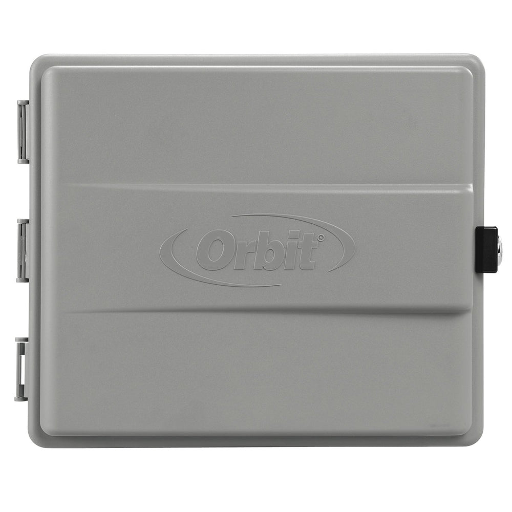 Orbit cabinet front closed showing weatherproof door and keyed lock for secure outdoor protection