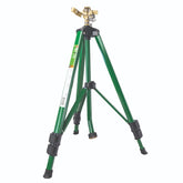 Orbit front view showing sprinkler and tripod, demonstrating durable portability