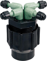 Orbit manifold front view showing four ports and caps for tidy watering